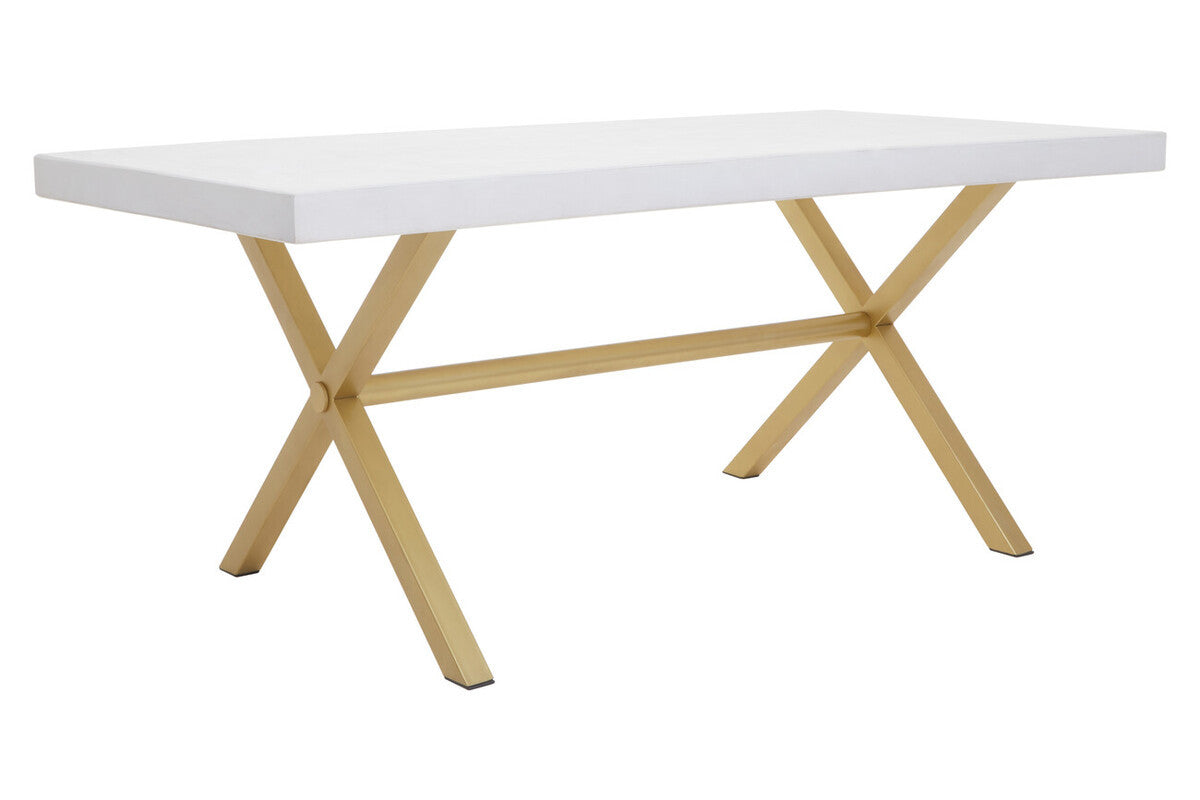 White wash mango wood dining table with a rectangular top and crossed wooden legs in a natural finish, showcasing a modern and minimalist design