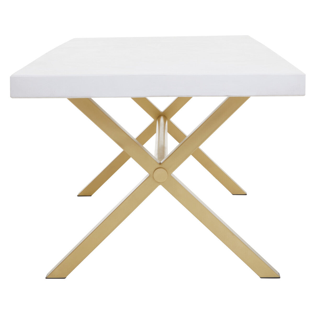 Square dining table featuring a white wash mango wood top and a modern, crossed gold metal base, designed for a contemporary aesthetic
