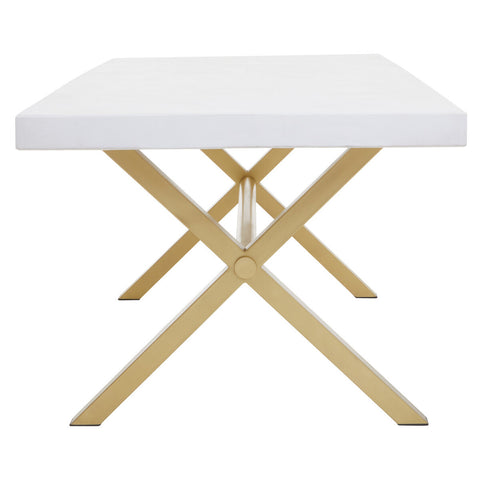 Square dining table featuring a white wash mango wood top and a modern, crossed gold metal base, designed for a contemporary aesthetic