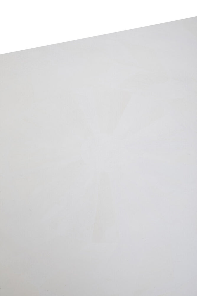 A close-up view of the surface of a white wash mango wood dining table, showcasing a smooth, light-colored finish with subtle wood grain patterns. The edges are slightly rounded, enhancing the table's modern aesthetic