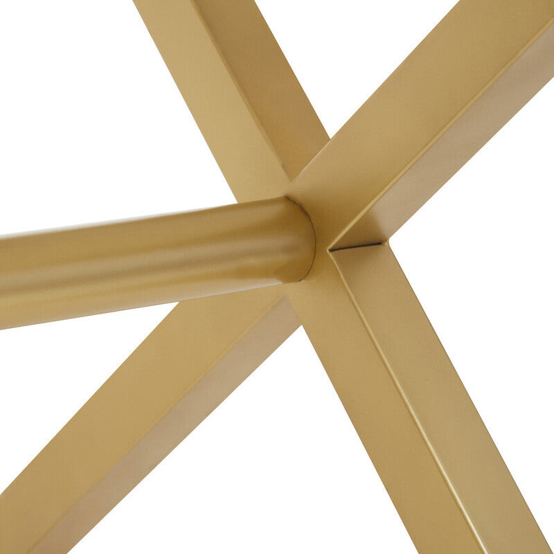 Close-up view of the base of a dining table featuring a white wash finish on mango wood, showcasing a sturdy, angular design with intersecting wooden legs and a central support joint