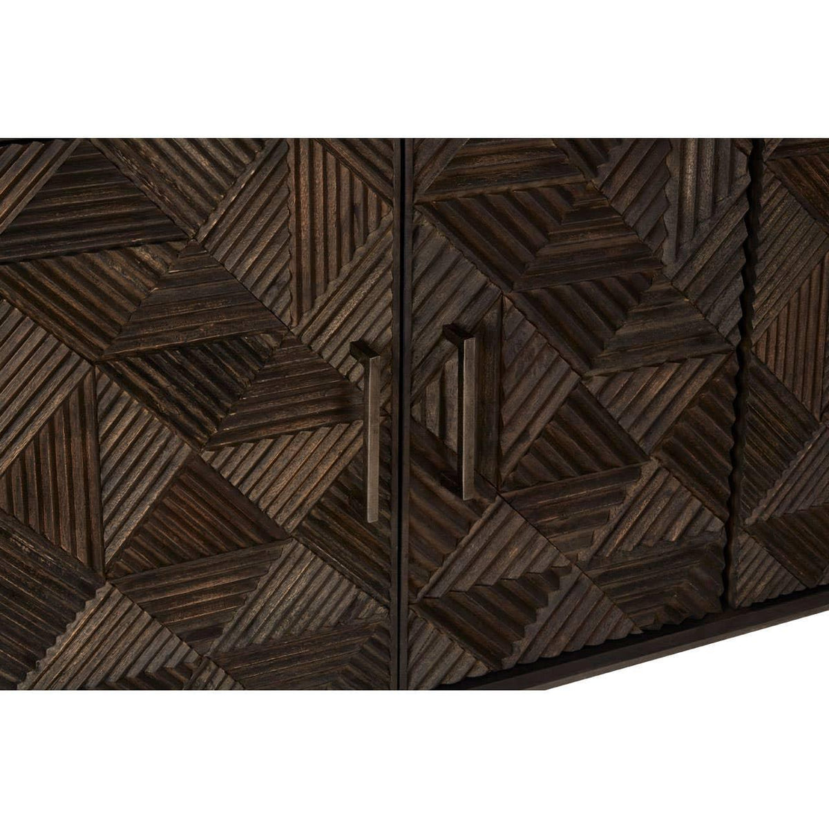 Textured wood cabinet doors with geometric pattern and metal handles, close-up view