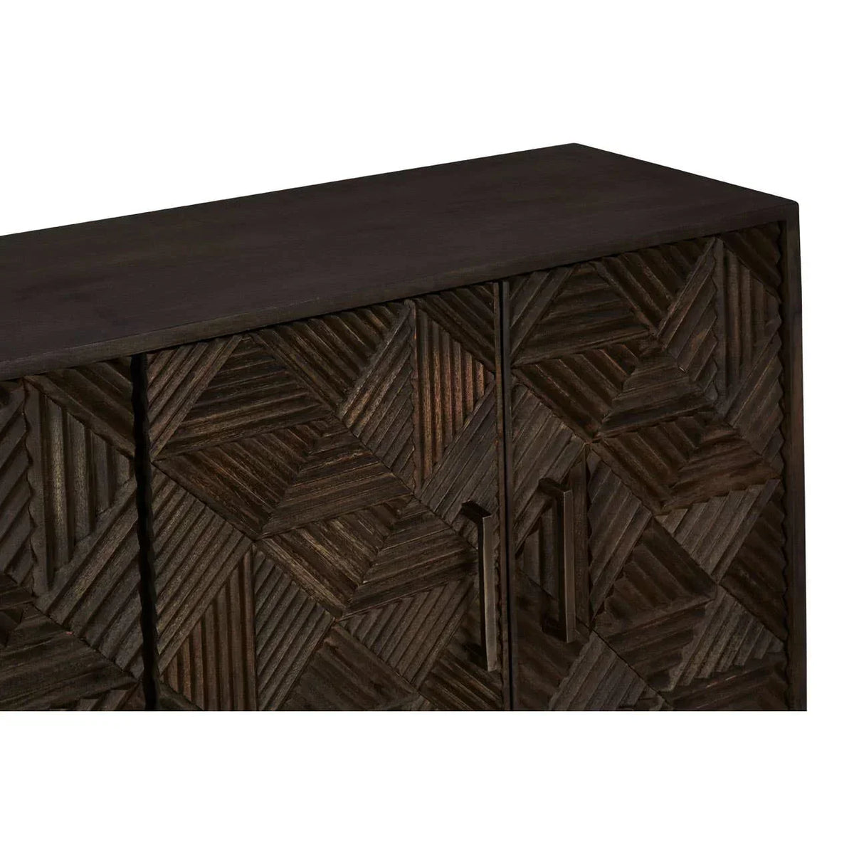 Dark wood sideboard with geometric carved door panels and metal handles, front angle view