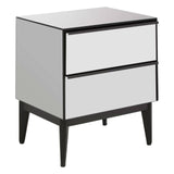 A modern two-drawer chest featuring a sleek white front with a glossy finish, black edges, and tapered black legs. The drawers are spacious and have a minimalist design, enhancing the contemporary aesthetic of the piece