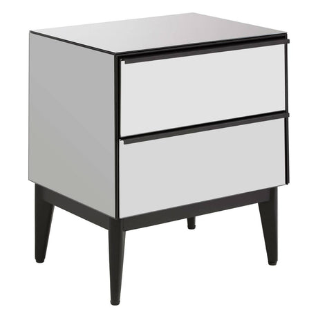 A modern two-drawer chest featuring a sleek white front with a glossy finish, black edges, and tapered black legs. The drawers are spacious and have a minimalist design, enhancing the contemporary aesthetic of the piece