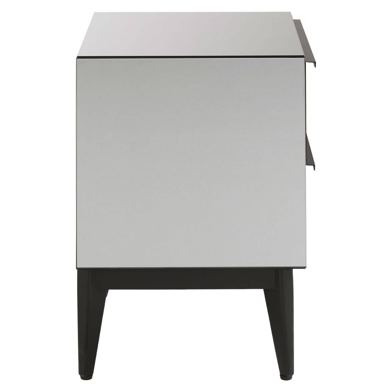 Two-drawer chest featuring a sleek, modern design with a light gray finish and contrasting black legs. The chest has a minimalist aesthetic, with clean lines and a flat top surface suitable for decorative items or lamps