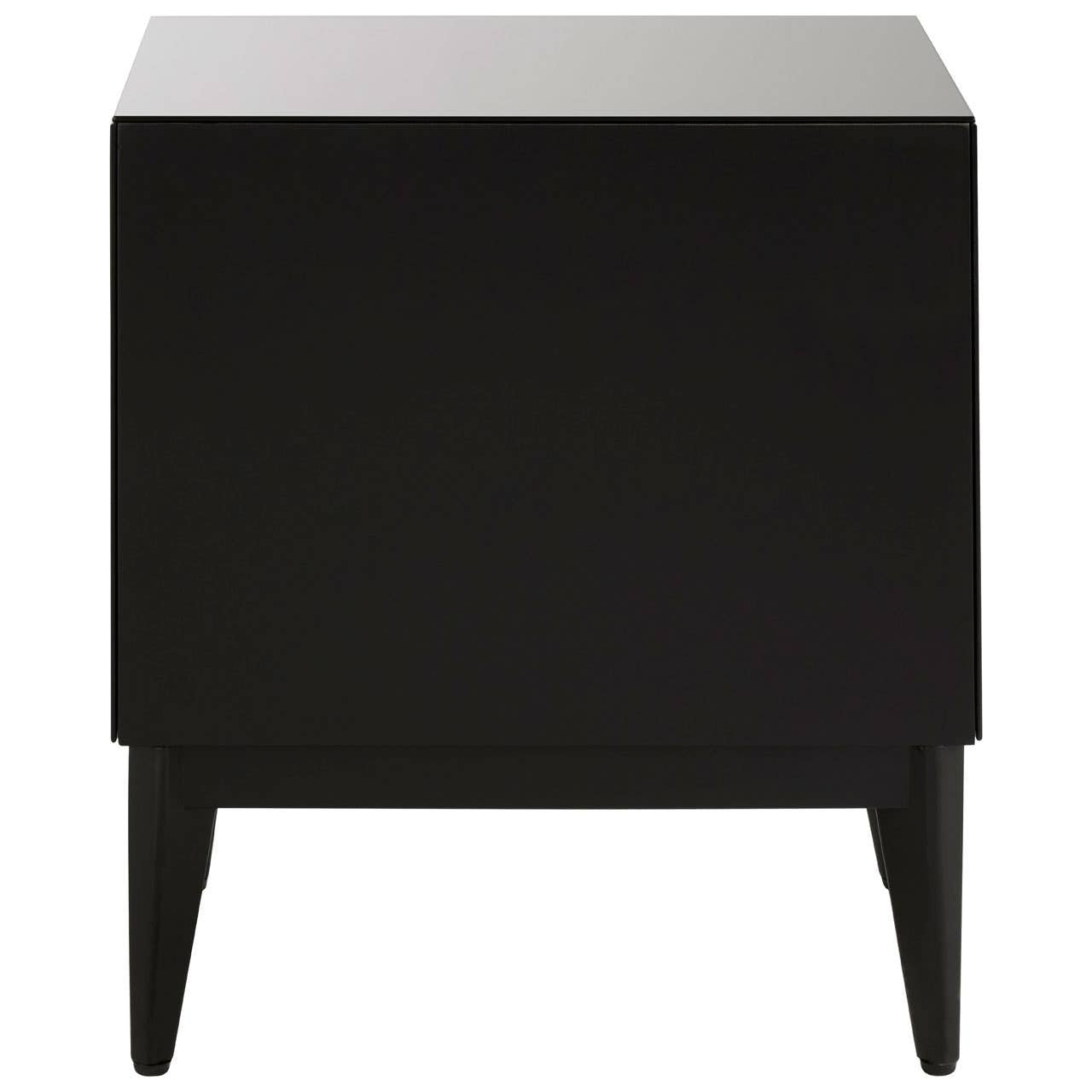 A sleek black two-drawer chest with a minimalist design, featuring a smooth top surface and tapered legs, suitable for modern home decor