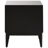 A sleek black two-drawer chest with a minimalist design, featuring a smooth top surface and tapered legs, suitable for modern home decor