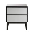 Two-drawer chest featuring a sleek, modern design with a mirrored front and black frame. The chest has two horizontal drawers with minimalist handles and stands on tapered legs
