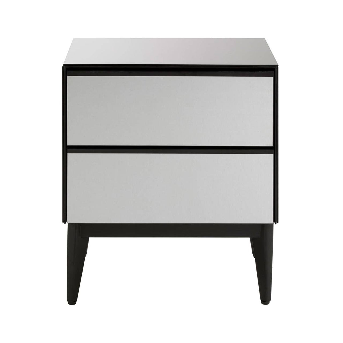 Two-drawer chest featuring a sleek, modern design with a mirrored front and black frame. The chest has two horizontal drawers with minimalist handles and stands on tapered legs