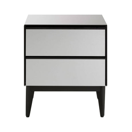 Two-drawer chest featuring a sleek, modern design with a mirrored front and black frame. The chest has two horizontal drawers with minimalist handles and stands on tapered legs