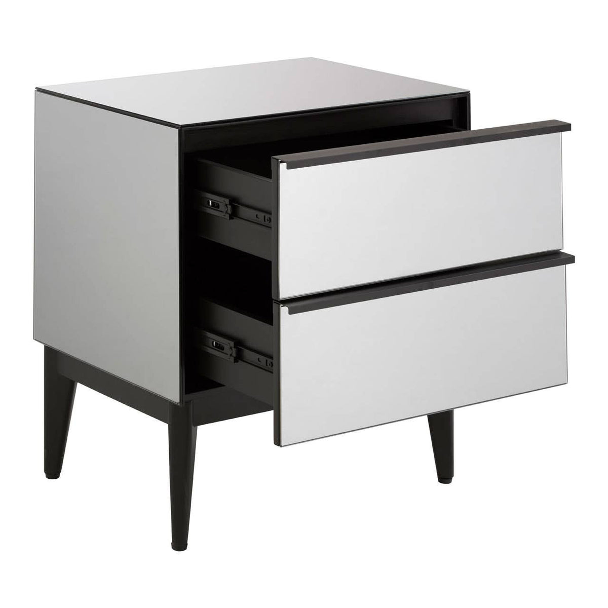 A modern two-drawer chest featuring a sleek mirrored front and a black frame, with tapered legs and two open drawers