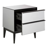 A modern two-drawer chest featuring a sleek mirrored front and a black frame, with tapered legs and two open drawers