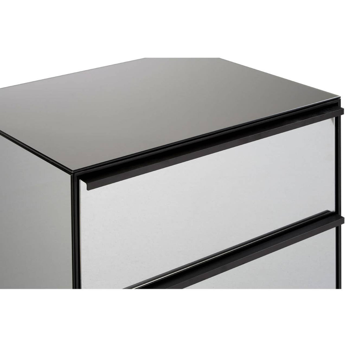 Two-drawer chest featuring a sleek black top and white drawer fronts, with a minimalist design and clean lines. The drawers are slightly recessed, enhancing the modern aesthetic