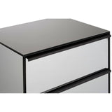Two-drawer chest featuring a sleek black top and white drawer fronts, with a minimalist design and clean lines. The drawers are slightly recessed, enhancing the modern aesthetic