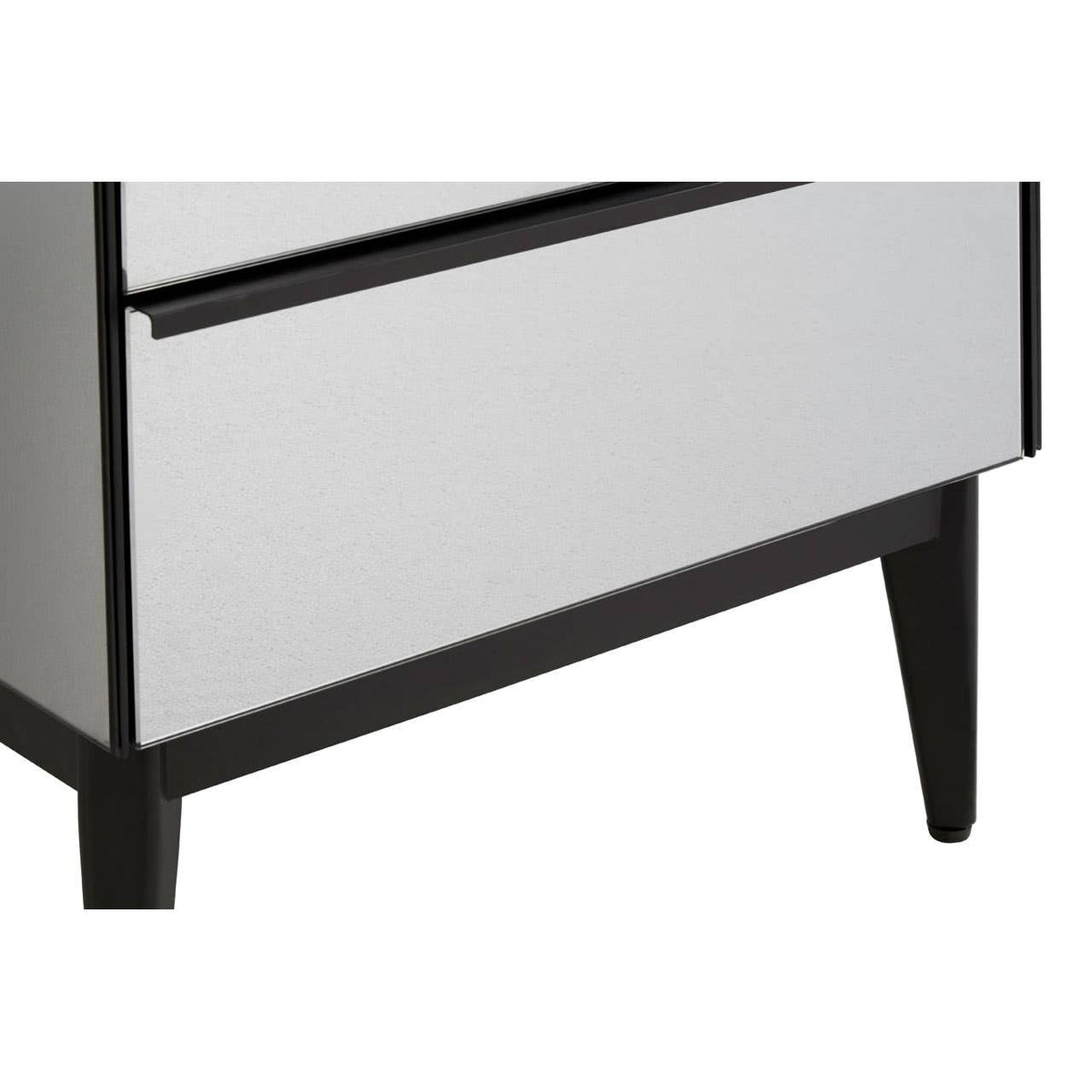 Two-drawer chest featuring a sleek white front with a minimalist design, black handles, and tapered black legs. The drawers are partially open, showcasing a smooth finish and modern aesthetic