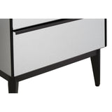 Two-drawer chest featuring a sleek white front with a minimalist design, black handles, and tapered black legs. The drawers are partially open, showcasing a smooth finish and modern aesthetic