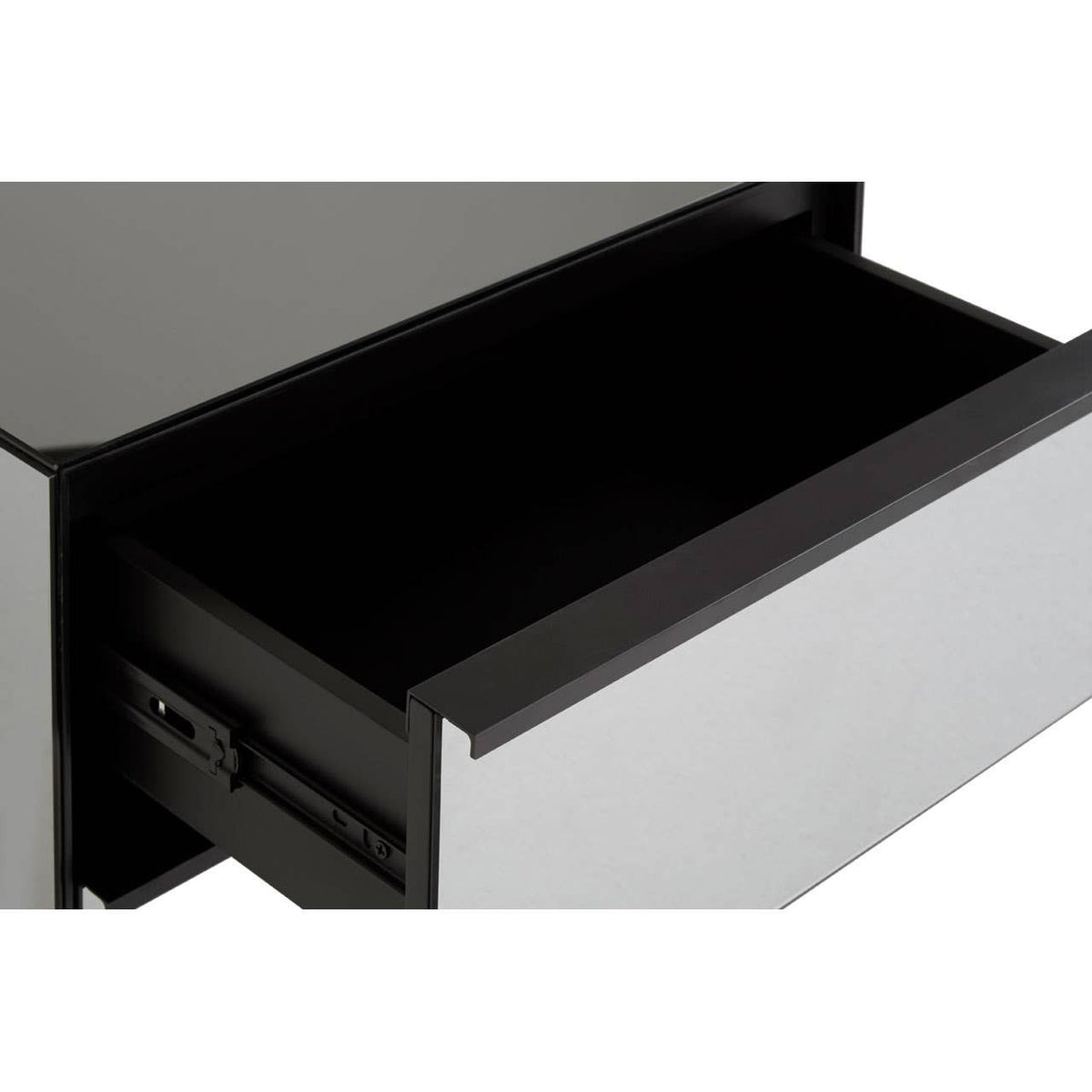 Close-up view of an open drawer from the Rovigo 2 Drawer Chest, featuring a sleek black interior and a modern silver front panel. The drawer has a minimalist design with clean lines