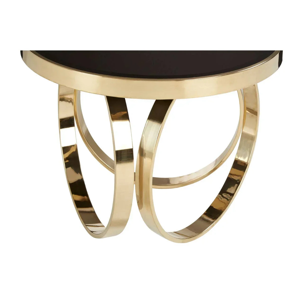 Round side table with black glass top and gold metal curved legs, modern accent furniture