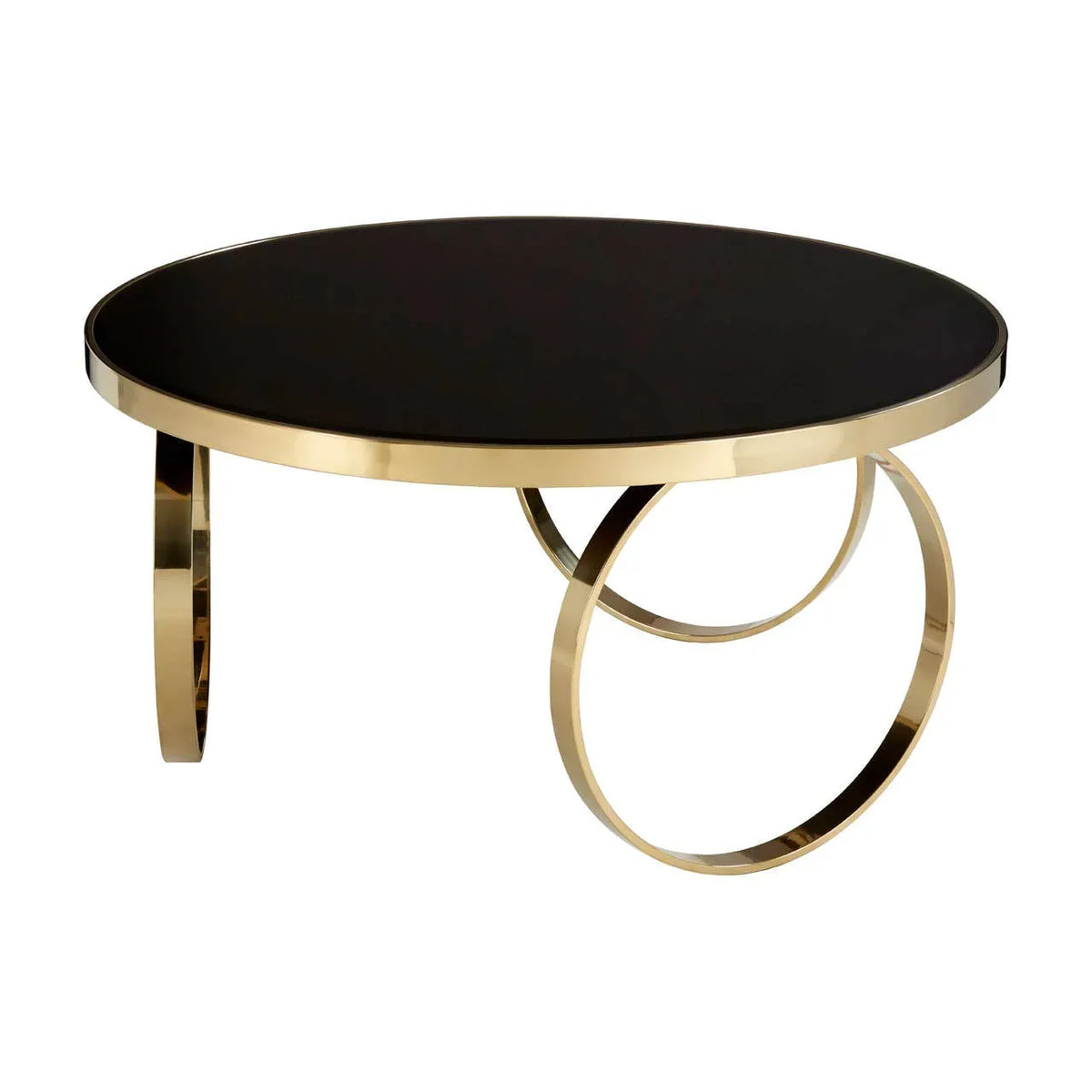 Round black glass coffee table with gold metal frame and circular base design