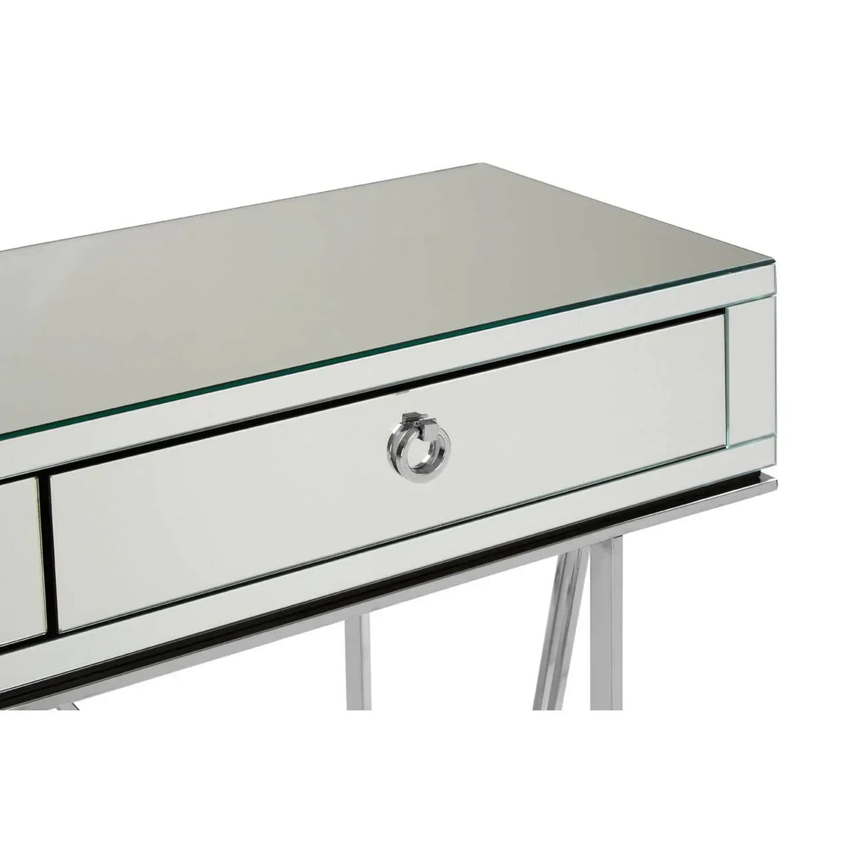 Mirrored console table with drawer and chrome ring handle, close up of top and legs
