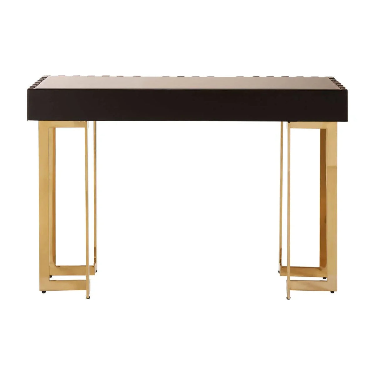 Modern console table with black rectangular top and gold metal legs