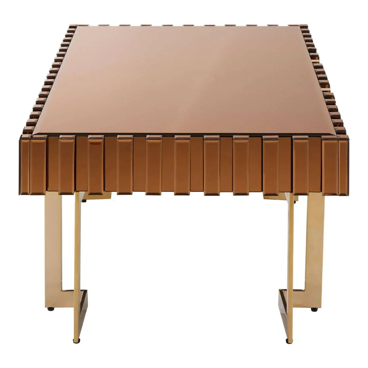 Rectangular bronze glass coffee table with decorative edges and gold metal legs
