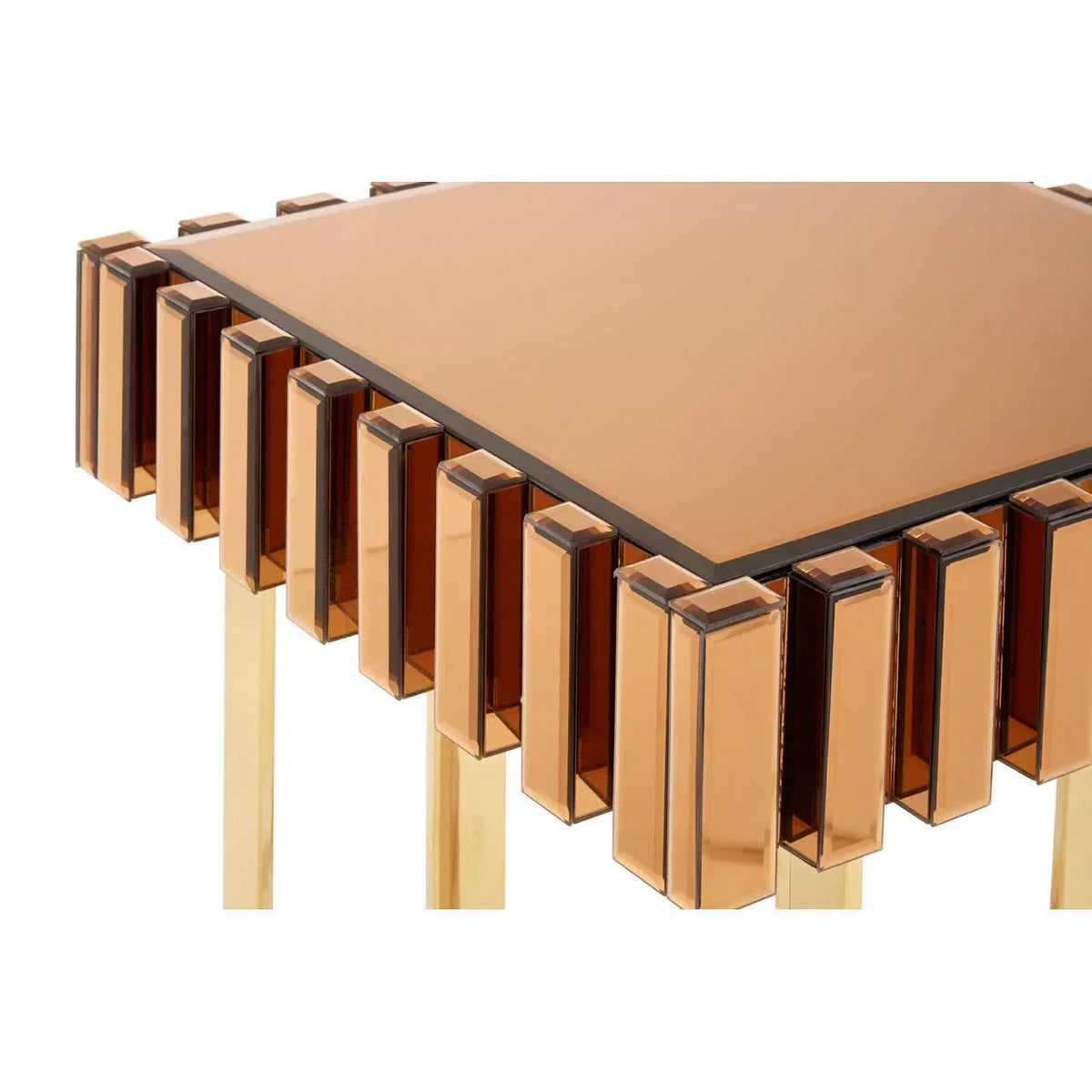 Bronze mirrored side table with geometric glass panels and gold metal legs, close-up view