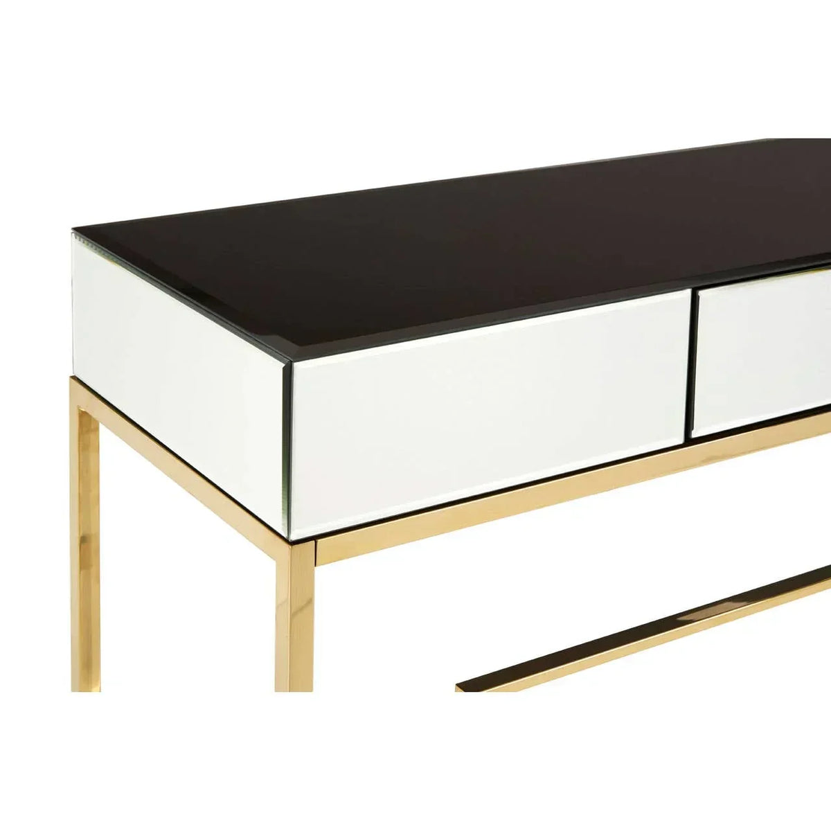 Mirrored console table with gold metal legs and black glass top, close-up angle