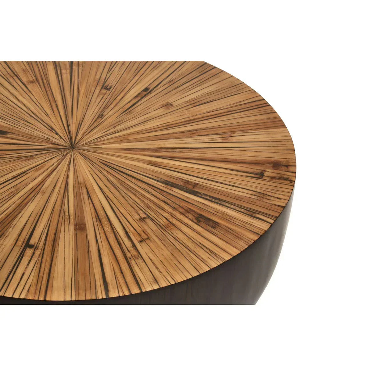 Round wooden coffee table with sunburst veneer top and dark base, close-up view