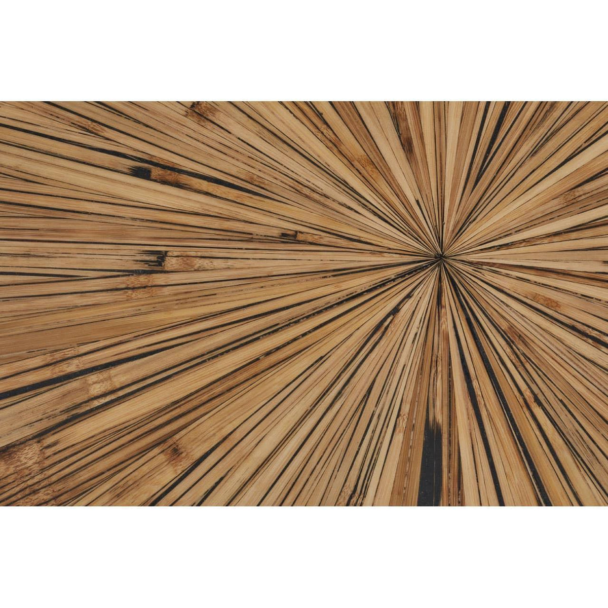 Close up of wooden coffee table surface with sunburst pattern and natural wood grain