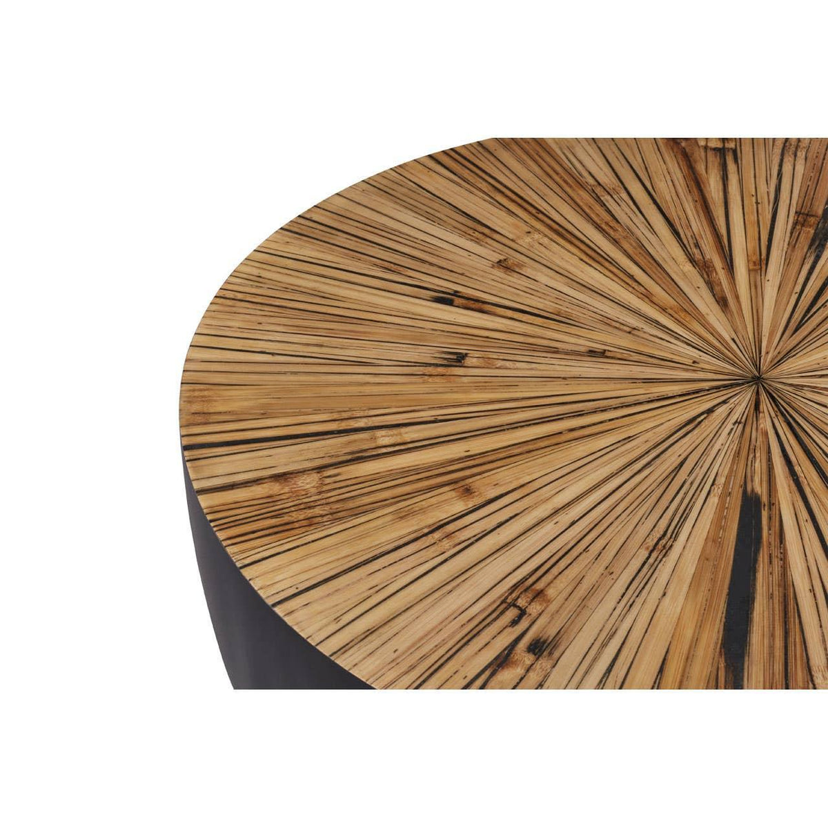 Round coffee table with natural wood veneer top and sunburst pattern