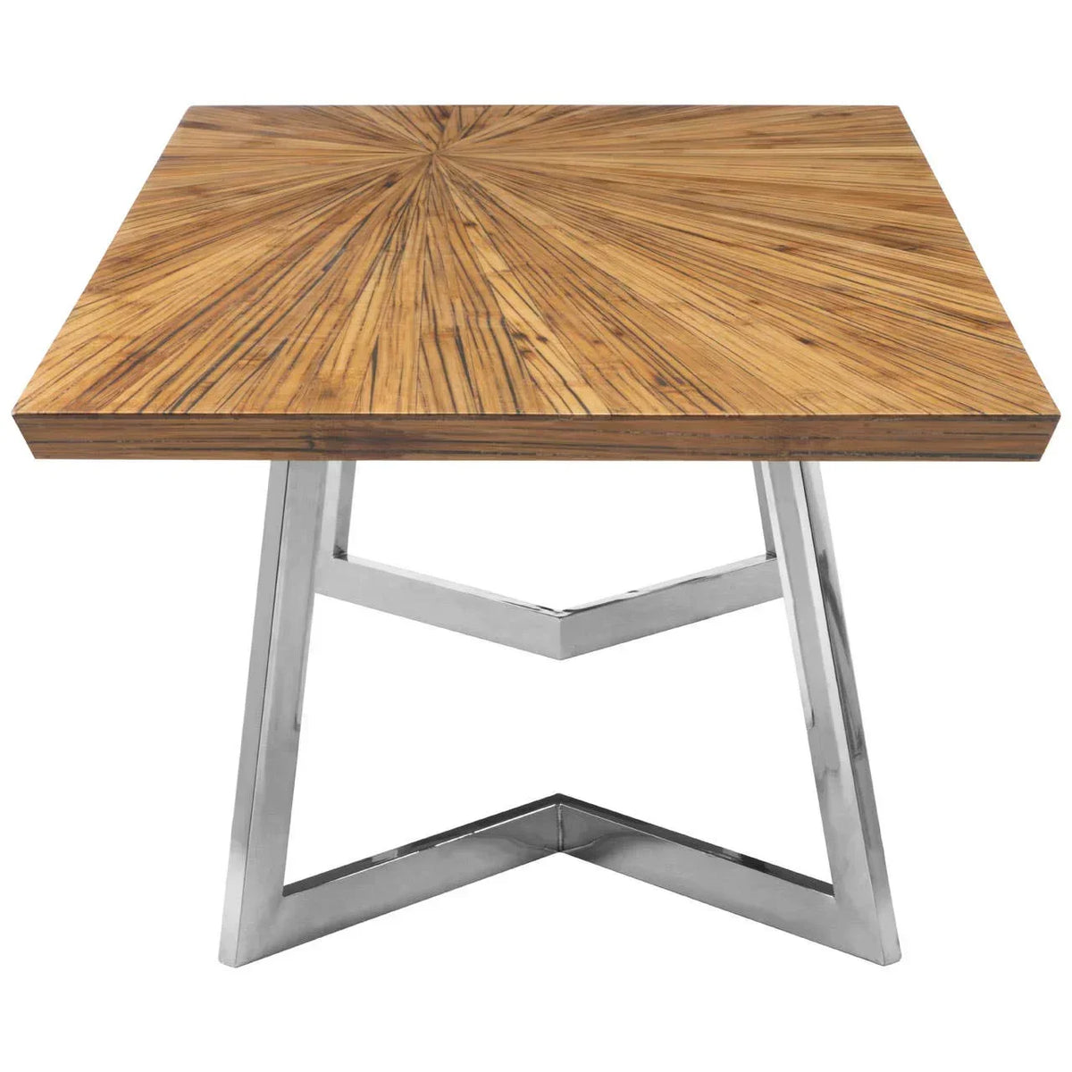 Square dining table with sunburst wood top and modern chrome metal legs