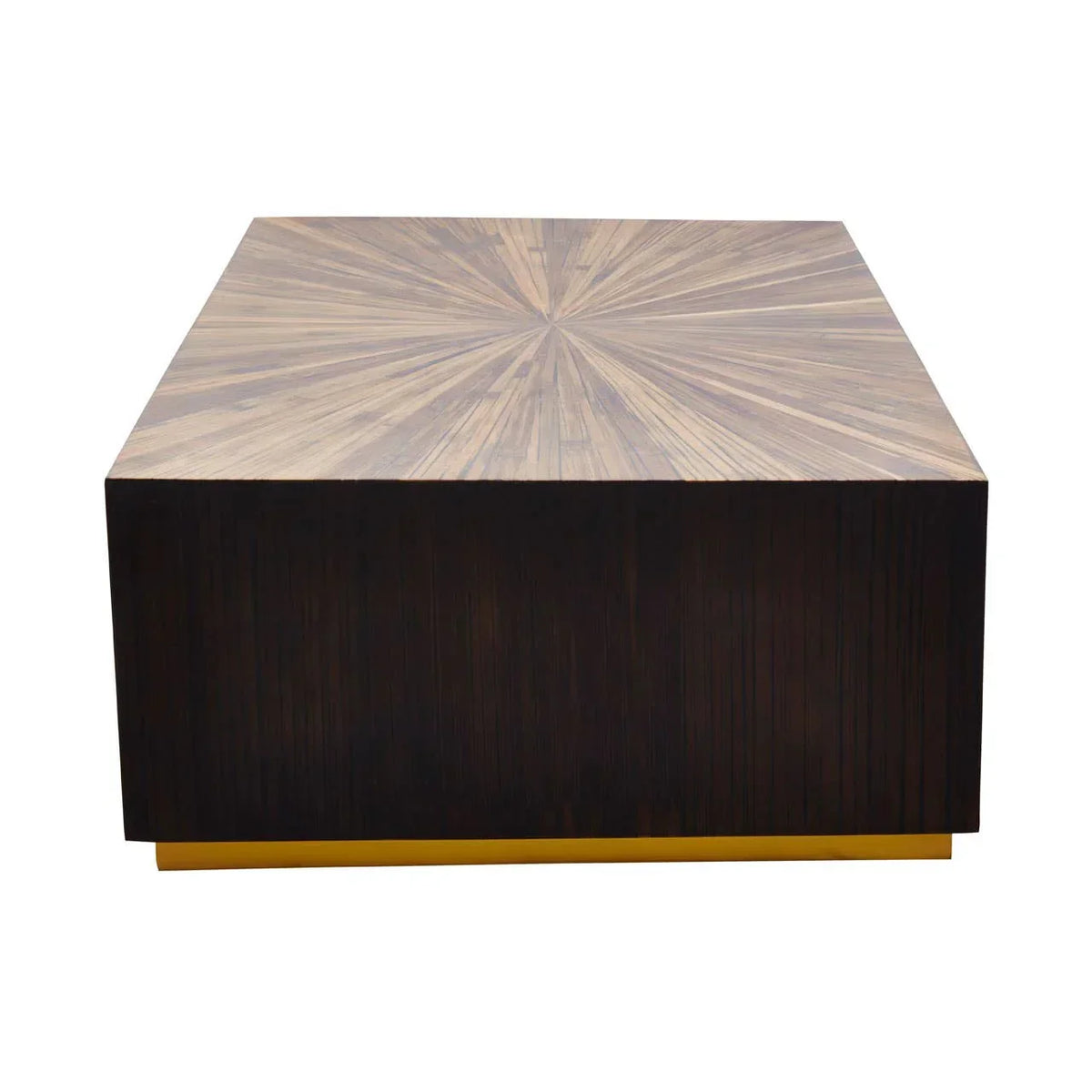 Square wood coffee table with sunburst pattern top and black sides on gold base