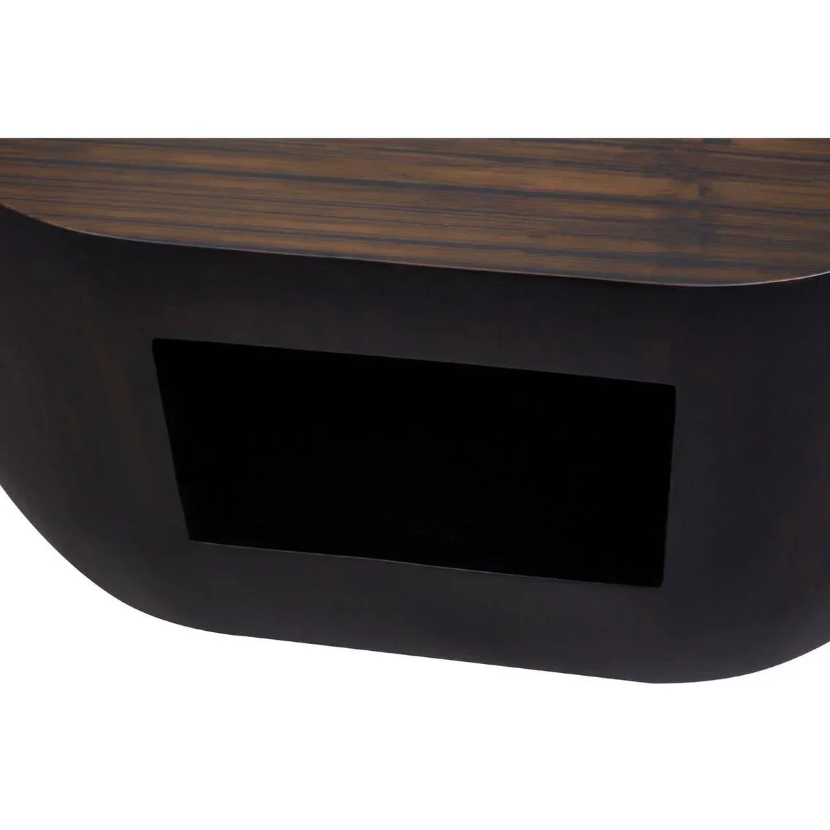 Close-up of wooden coffee table with open storage compartment and dark metal finish