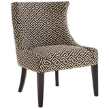 Patterned accent chair with black and beige geometric upholstery and dark wooden legs