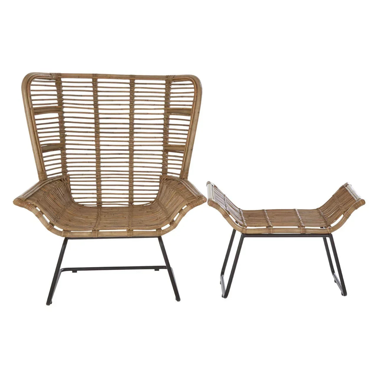 Rattan armchair with matching footstool and black metal legs, front view