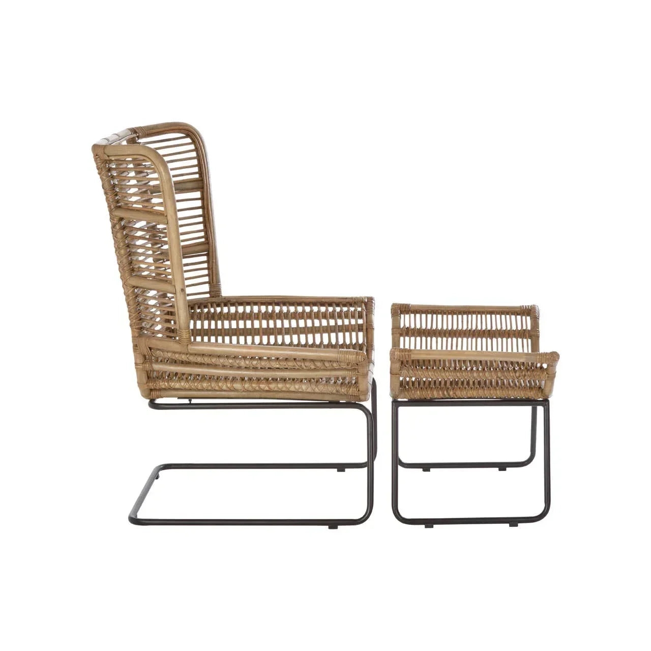 Rattan lounge chair with matching ottoman and black metal base, side view