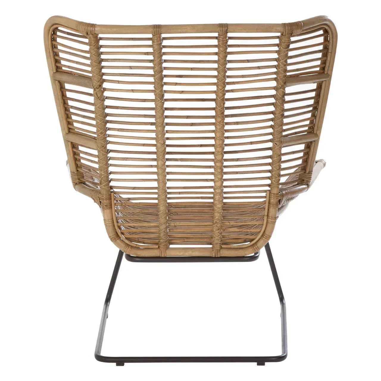 Back view of rattan armchair with woven design and black metal legs