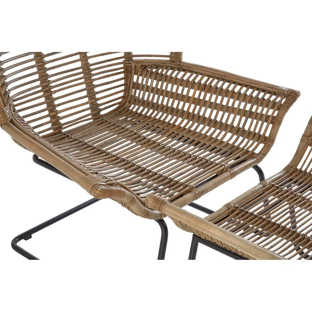 Natural rattan dining chair with black metal legs, close-up of seat and armrest detail