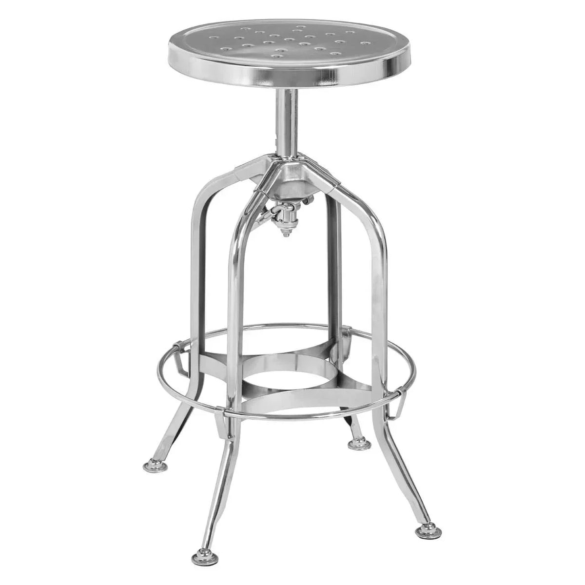 Industrial metal bar stool with round perforated seat and adjustable height