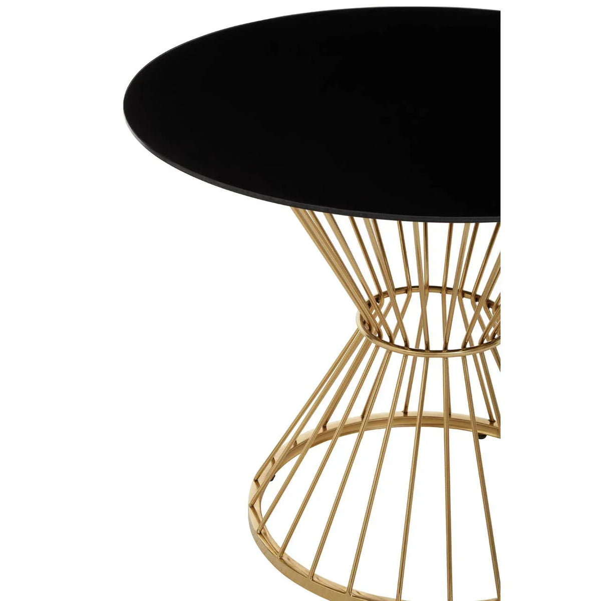 Round black table with a gold metal wire base, modern side table close-up view