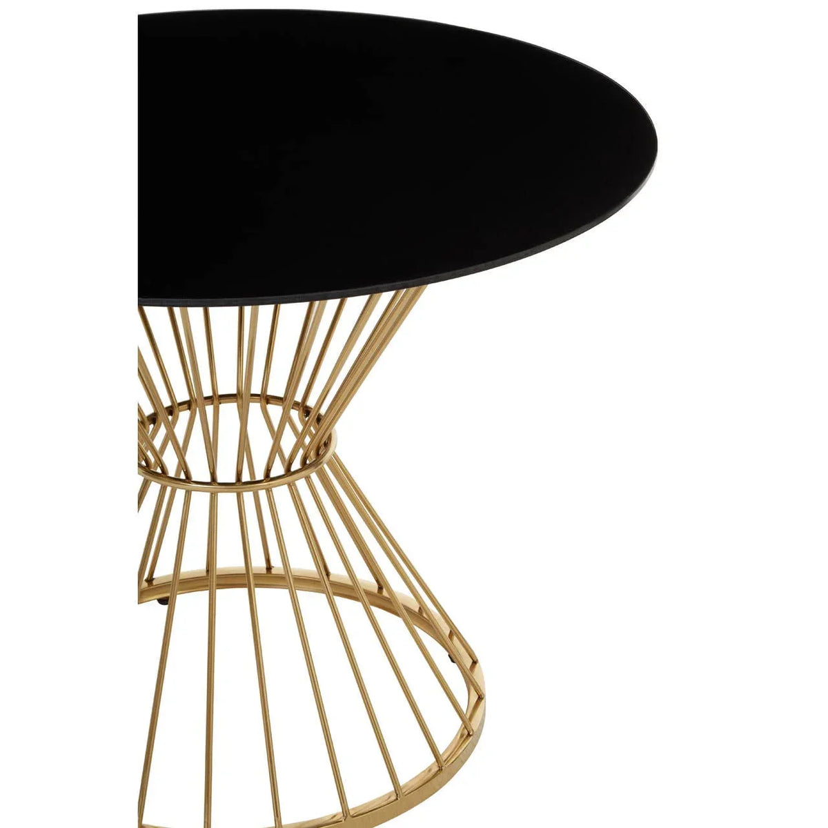 Round black glass top table with gold wire frame base, angled side view