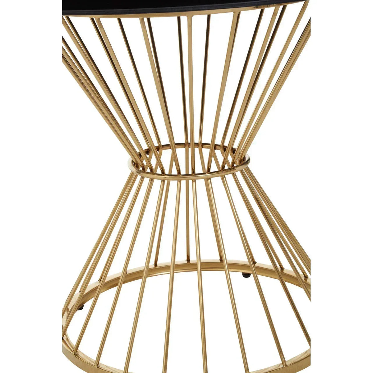 Gold metal side table base with geometric wire design and round support ring