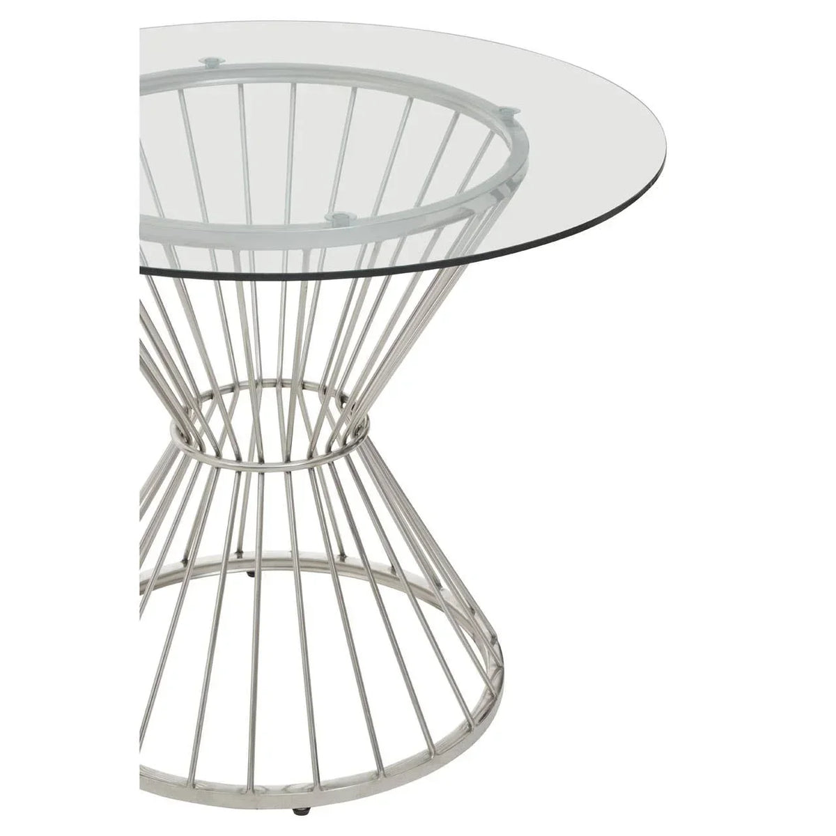 Round glass dining table with metal wire base in silver finish