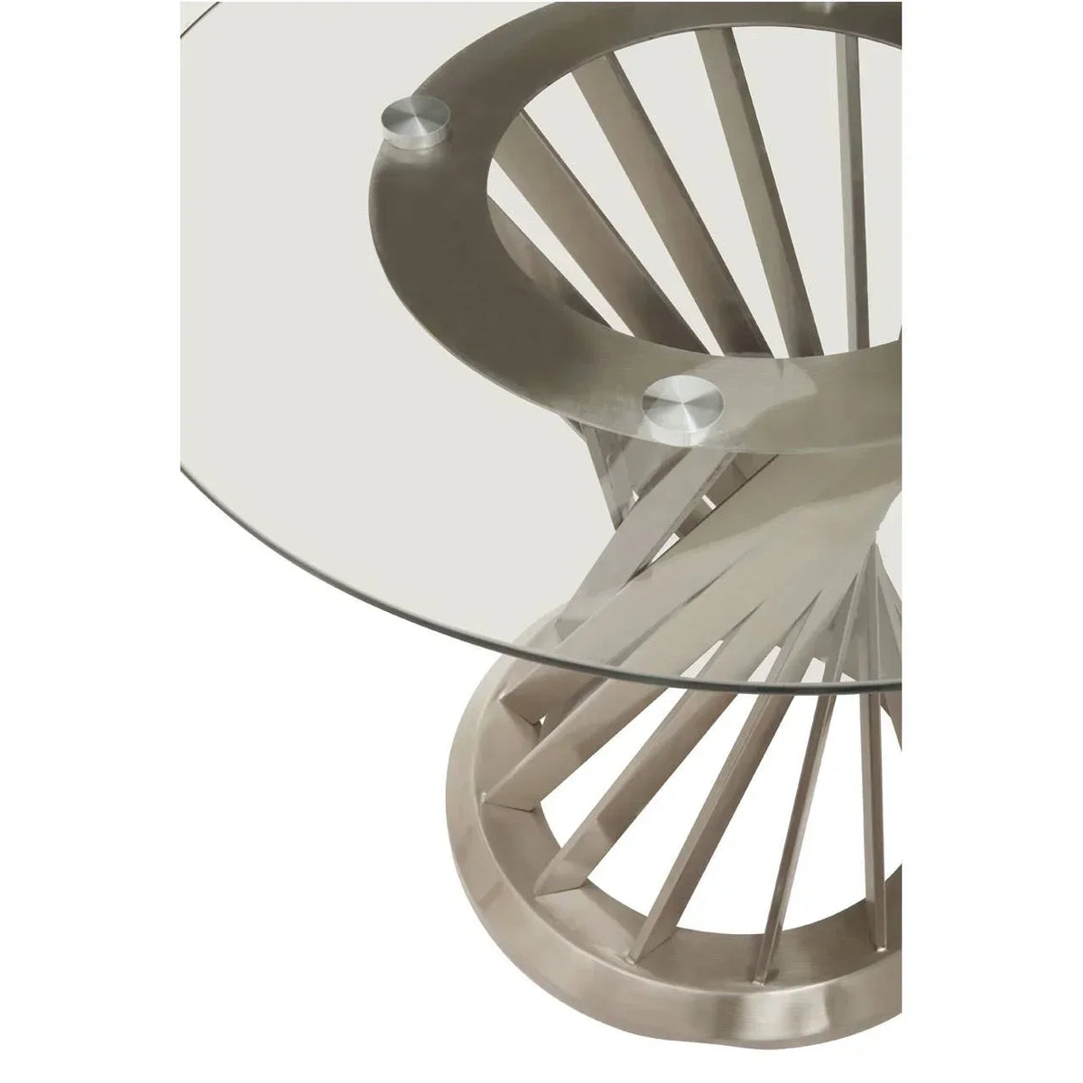 Round glass dining table with modern stainless steel spiral base, close-up view