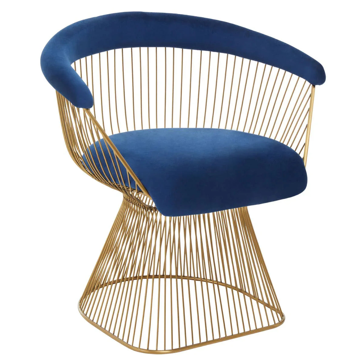 Blue velvet accent chair with gold metal wire frame and curved backrest