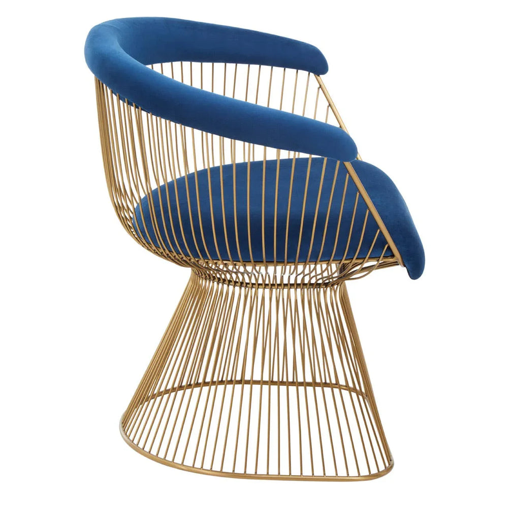 Gold wire accent chair with blue velvet seat and curved backrest, side view