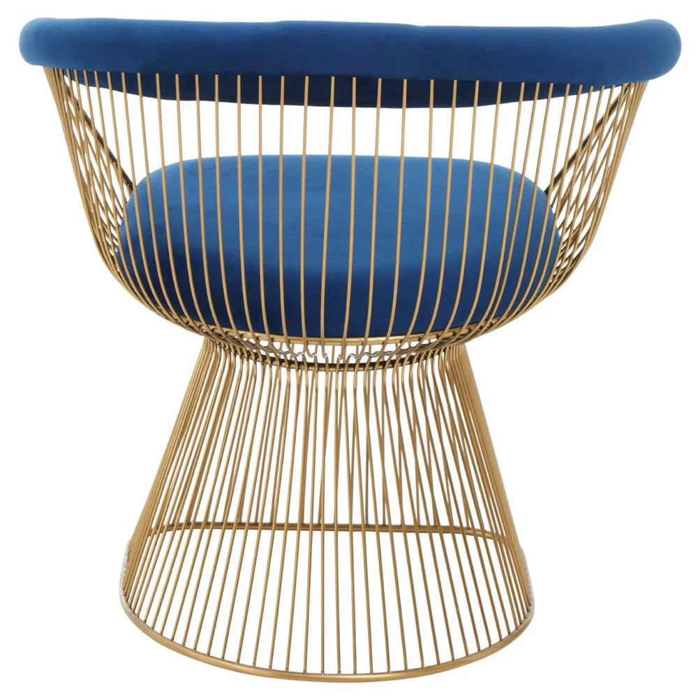 Gold wire accent chair with blue velvet cushion, rear view