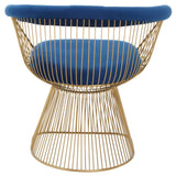 Gold wire accent chair with blue velvet cushion, rear view